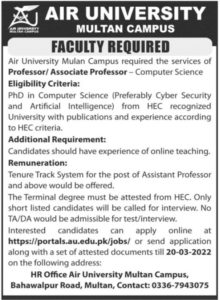 New Jobs Available in Air University Multan Campus 2022